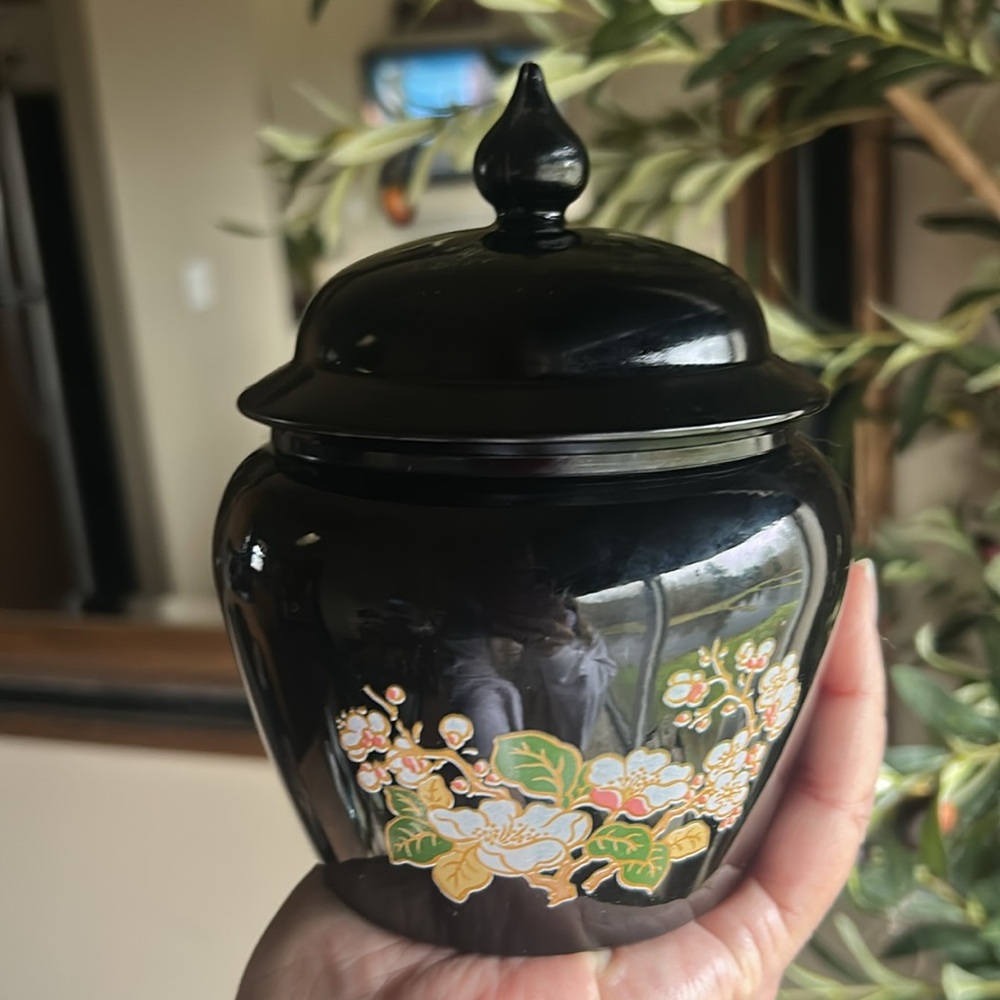 Vintage Avon Black Amethyst Glass Cherry Blossom Lidded Ginger Jar